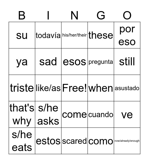 Muzzy 1.2 Vocabulario Bingo Card