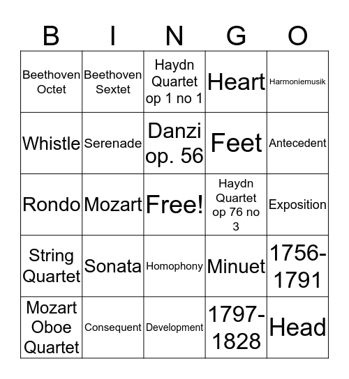 Chamber Lit Classical Period Bingo Card