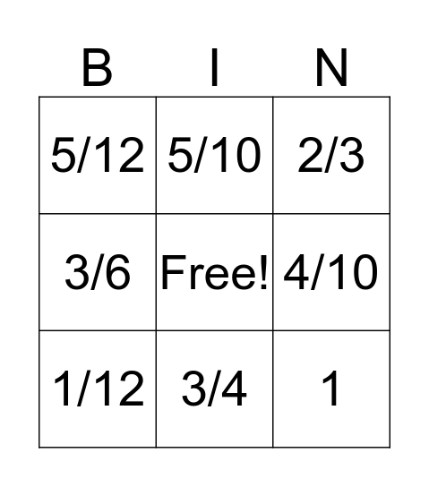 3rd Grade Fractions Bingo Card