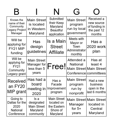 Main Street Maryland Bingo Card