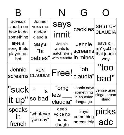 Jennie Bingo Card