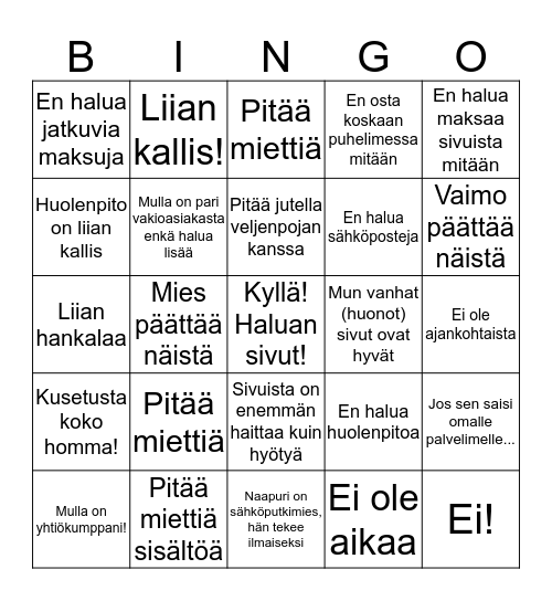 Näyttöexcuse Bingo Card