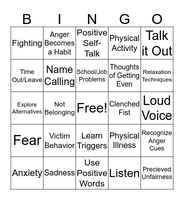 Anger Bingo Card