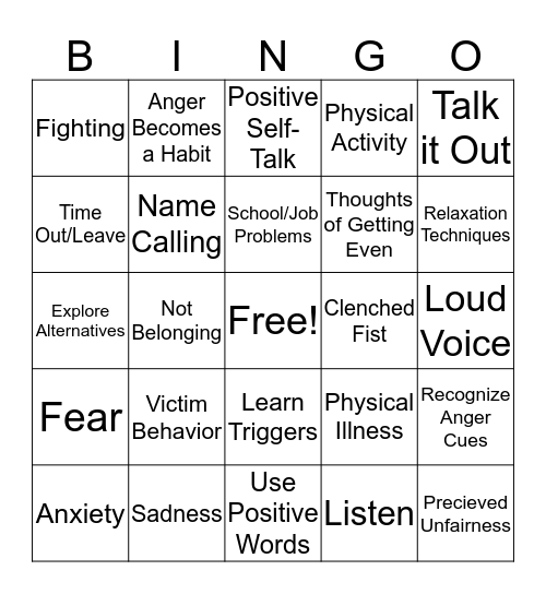 Anger Bingo Card