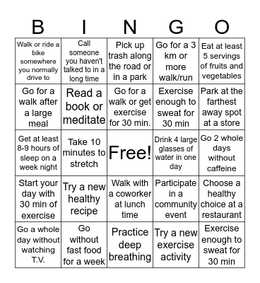 Health & Wellness Bingo Card