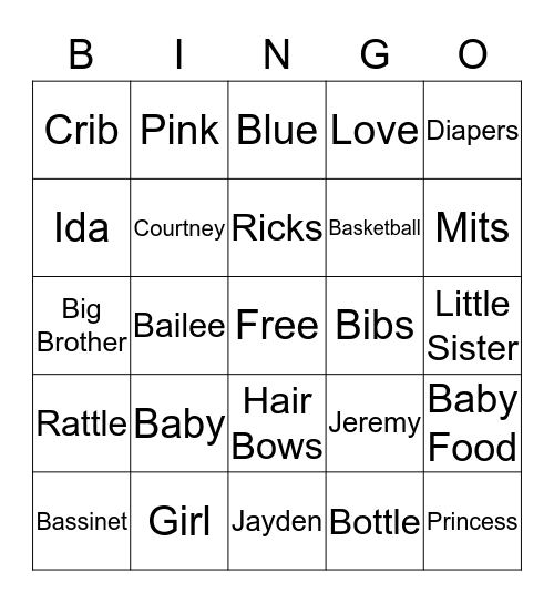Baby Shower Bingo Card