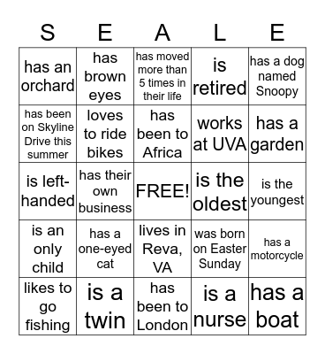 Seale Bingo Card