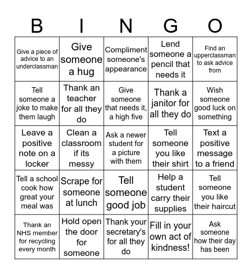 Act of kindness bingo Card