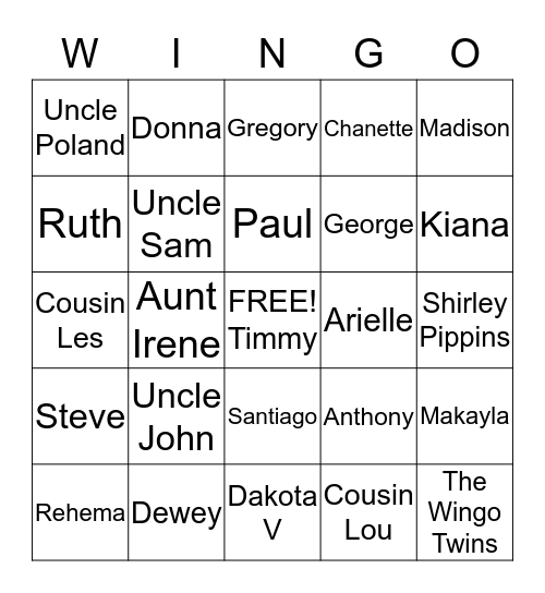 Dorothy's Family Bingo Card