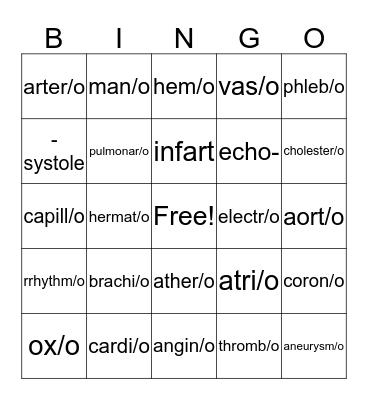 Medical Terminology Cardiovascular System Bingo Card