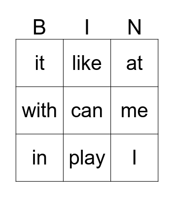 Sight Words Bingo Card