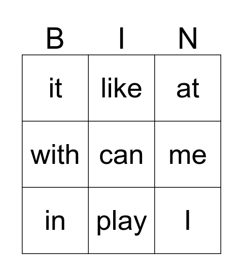 Sight Words Bingo Card