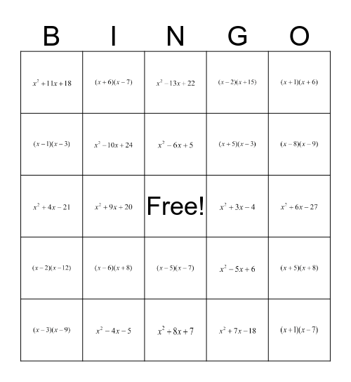 Factoring Bingo Card