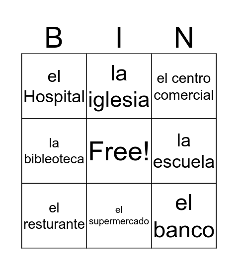 places around town Bingo Card