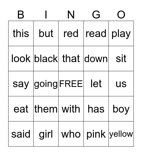 Primary 7 Sight Word Bingo Card