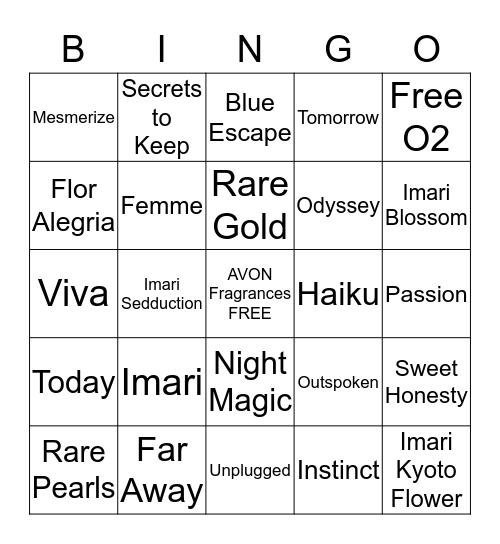 AVON Fragrance Bingo Card