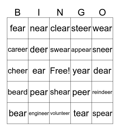 /eer/ and /ear/ words  Bingo Card