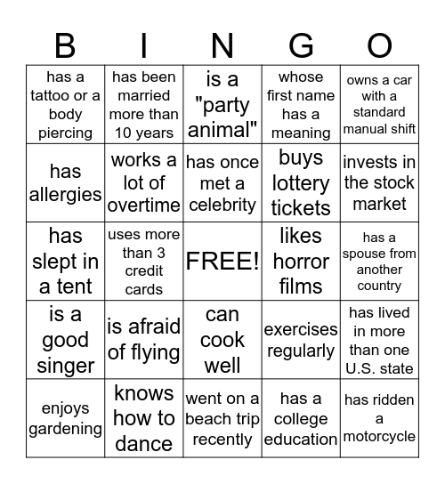 Getting to Know Each Other Bingo Card