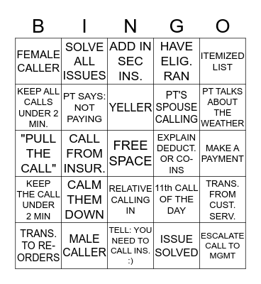 BILLING DEPT  Bingo Card