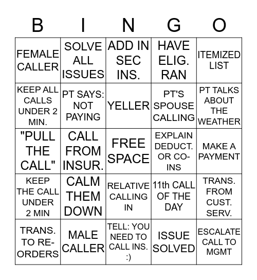 BILLING DEPT  Bingo Card