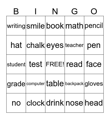 School Bingo Card