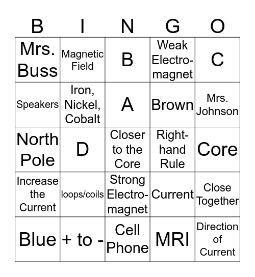 Electromagnetic BINGO Review Game  Bingo Card