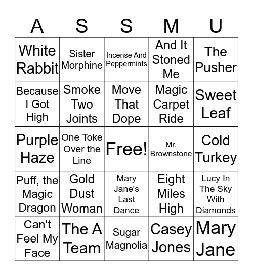 Round 3 (Songs About Drugs) - Postage Stamp Bingo Card