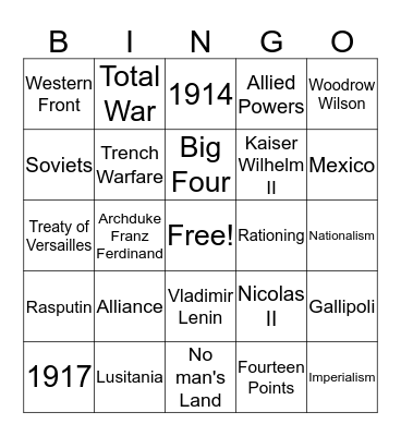 WWI Bingo  Bingo Card