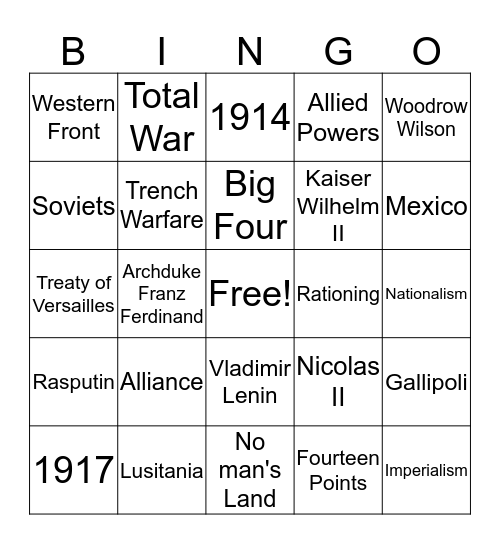 WWI Bingo  Bingo Card