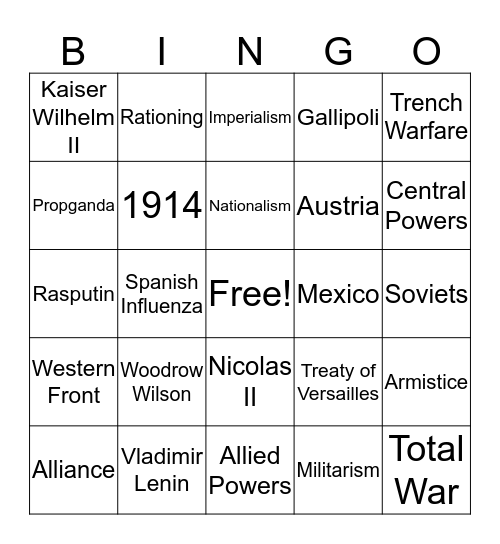 WWI Bingo  Bingo Card