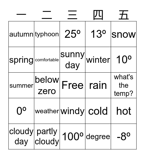 季节(jìjié: seasons) + 天气 Bingo Card