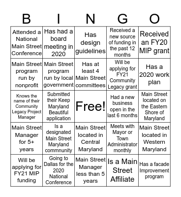 Main Street Maryland Bingo Card