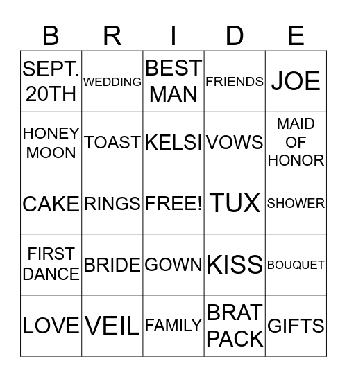 Kelsi's Bridal Bingo Card