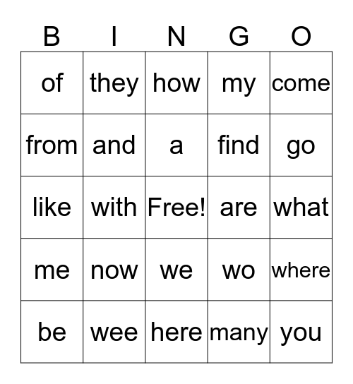 Kindergarten Sight Word Bingo Card