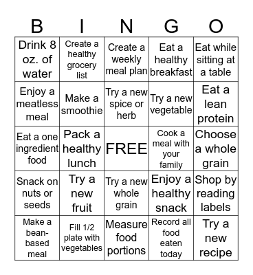 Health and Wellness Bingo Card