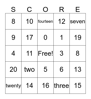 Number Sense Bingo Card