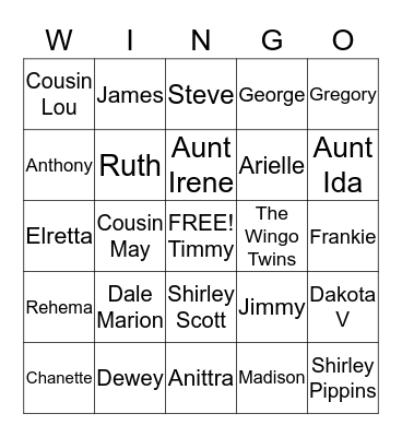 Dorothy's Family Bingo Card