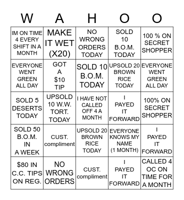 WAHOO'S BINGO CHALLENGE!!! Bingo Card