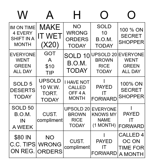 WAHOO'S BINGO CHALLENGE!!! Bingo Card