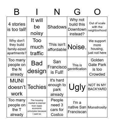 NIMBY BINGO Card