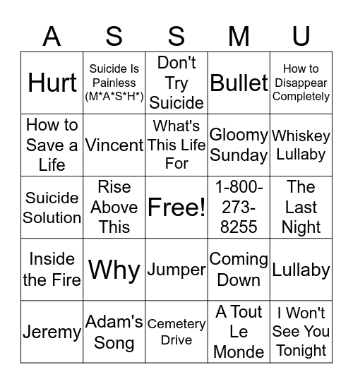 Round 10 (Songs About Suicide) - Postage Stamp Bingo Card