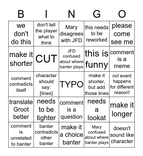 Script Feedback Bingo Card