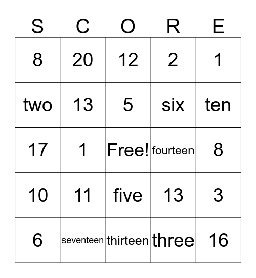 Number Sense Bingo Card