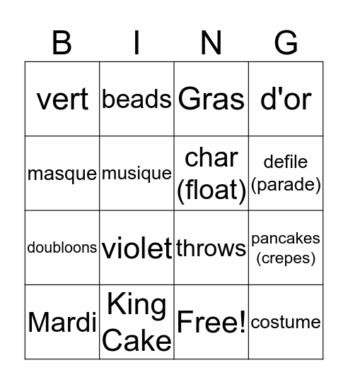 Mardi Gras Bingo Card