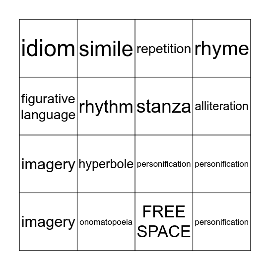 Figurative Language & Poetic Devices Bingo Card