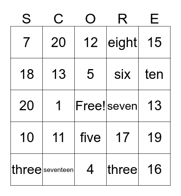 Number Sense Bingo Card