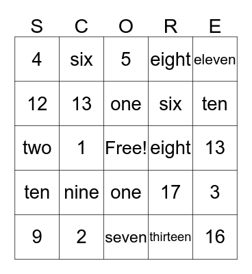 Number Sense Bingo Card