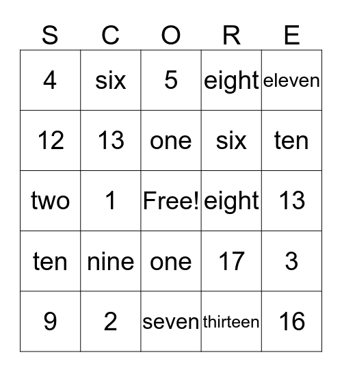 Number Sense Bingo Card