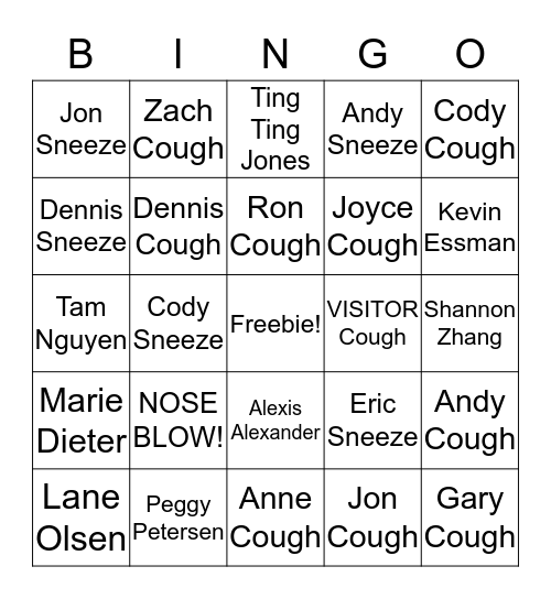 Sneeze Bingo Card