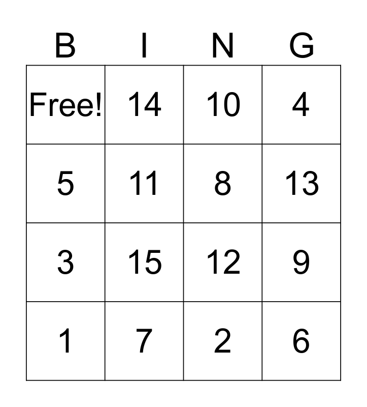 1 15 Bingo Card